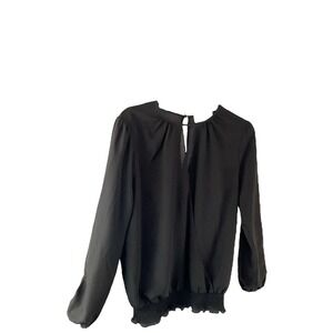 Michael Kors Black Blouse Top Keyhole Neckline Long Sleeve Smocked Waist